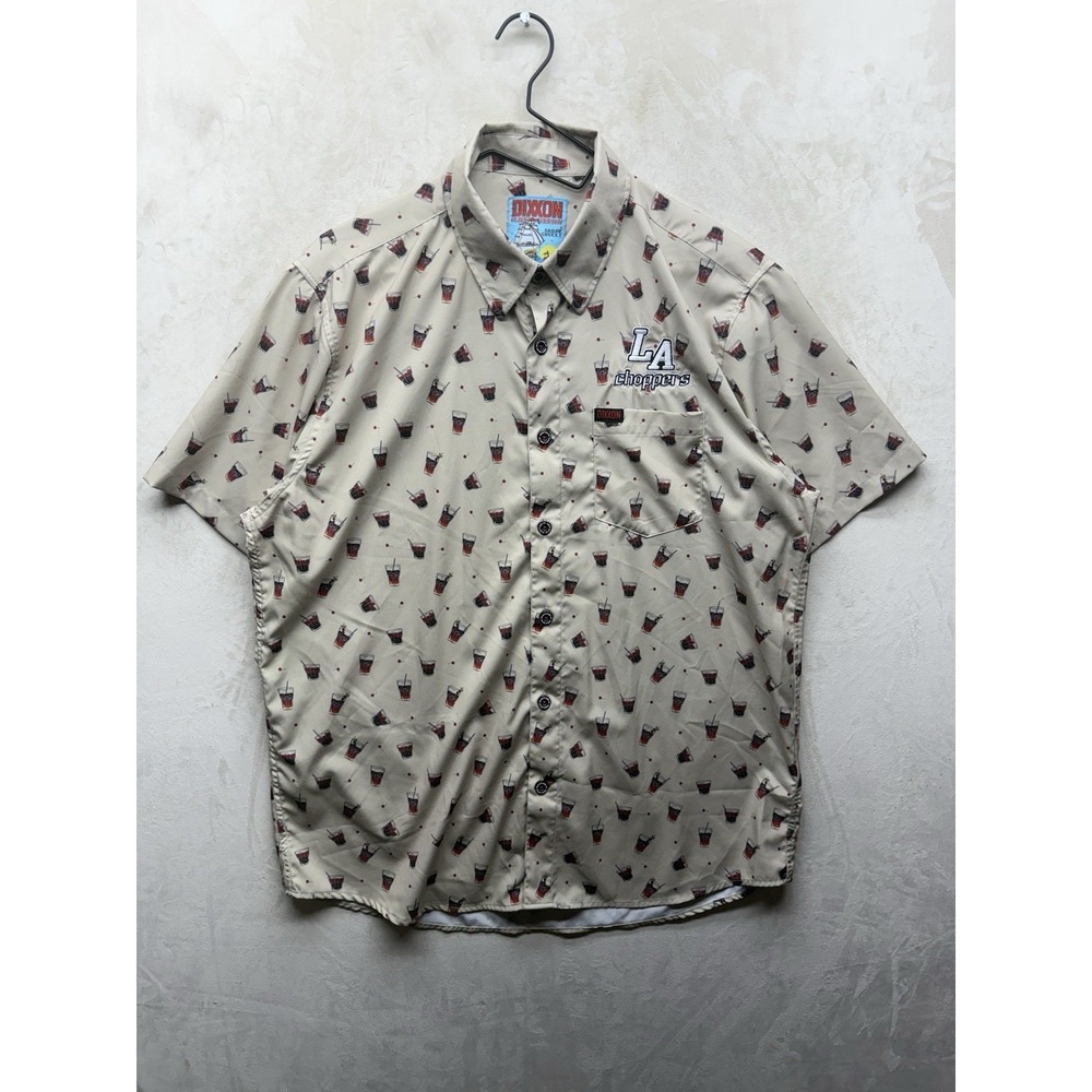 Dixxon Flannel Co LA Choppers Short Sleeve Shirt Men L Tan Cocktail Cherry Print